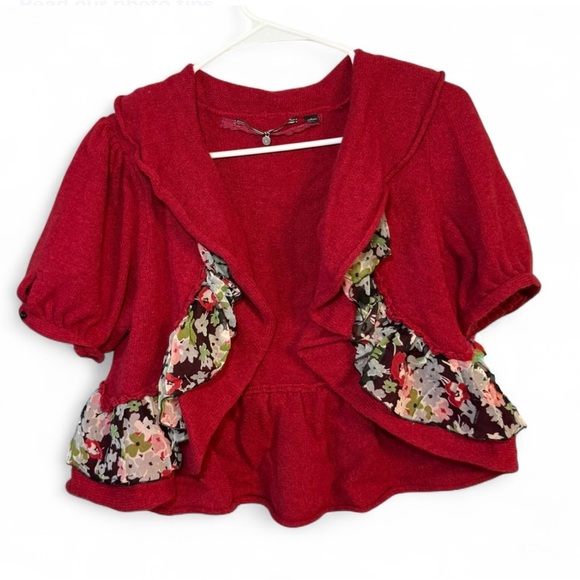 Anthropologie Small Red Wool & Angora Ruffled Cardigan with Floral Accents - Picture 1 of 8